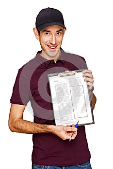 Smiling delivery man holding clipboard on white background