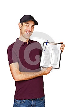 Smiling delivery man holding clipboard on white smiling