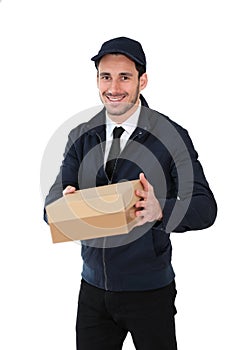 Smiling delivery man with package