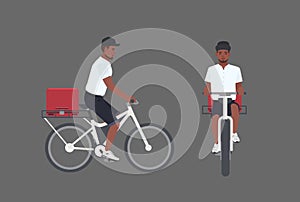 Smiling delivery man riding bicycle. Male cyclist delivering parcel. Courier boy in cap pedal modern bike isolated on