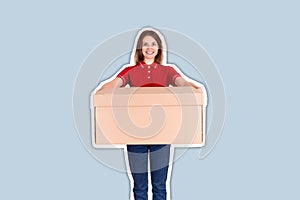 Smiling delivery person is giving a parcel to a customer Magazine collage style with trendy color background