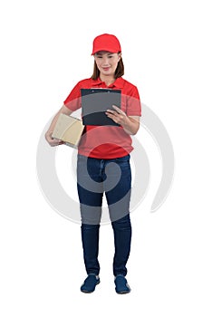 Smiling delivery woman in red uniform giving parcel boxes and clipboard, isolated on white background