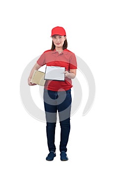 Smiling delivery woman in red uniform giving parcel boxes and clipboard, isolated on white background