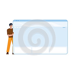 Smiling developer presenting empty web browser window template