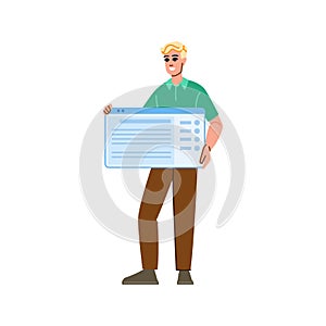 Smiling developer showing website or software interface