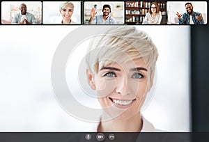 Smiling diverse people talking making online videochat, screen interface view