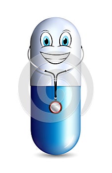 Smiling doctor capsule wearing stethoscope funny mascot character