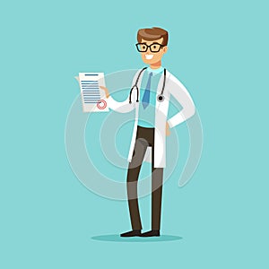 Smiling doctor character standing and holding medical notepad with prescription vector Illustration