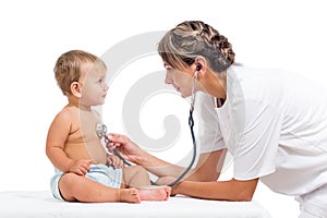 Smiling doctor examining baby isolated on white