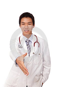 Smiling doctor giving hand for handshaking