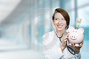 Smiling doctor holding listening to piggy bank with stethoscope