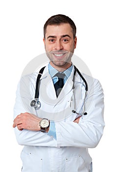 Smiling doctor man with stethoscope on neck looks at camera on w