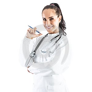 Smiling doctor or nurse with pen and stethoscope around her neck - Isolated on white