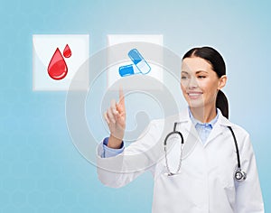 Smiling doctor or nurse pointing to pills icon