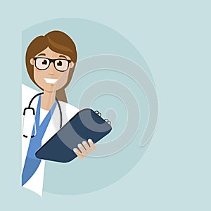 Smiling doctor peeking around the corner and holding a tablet for notes. Vector flat illustration.