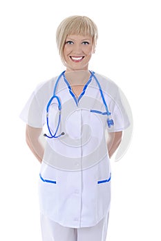 Smiling doctor in a robe.