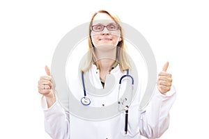Smiling doctor showing thumbs up