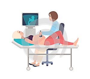 Smiling doctor or sonographer doing obstetric ultrasonography procedure on pregnant woman with medical ultrasound photo