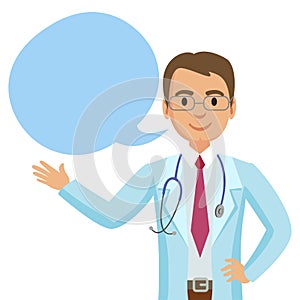 Smiling doctor with speech bubble. Happy physician. Vector