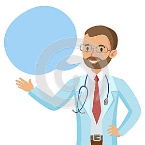 Smiling doctor with speech bubble. Happy physician. Vector