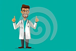 Smiling doctor standing with one of his fingers pointing up, flat lay, simple cartoon. Generative AI