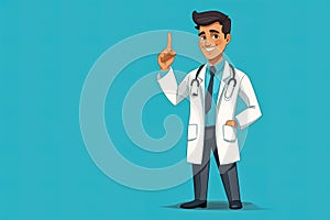 Smiling doctor standing with one of his fingers pointing up, flat lay, simple cartoon. Generative AI