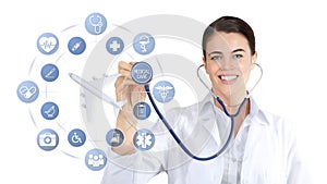 smiling doctor with stethoscope and airplane on medical icons background, medical insurance travel concept