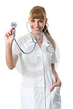 Smiling Doctor in white medical gown ,showing stetoscope photo