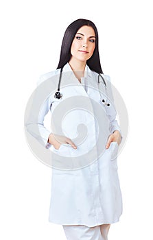 Smiling doctor in white with stethoscope