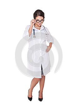 Smiling doctor woman looking at you isolated