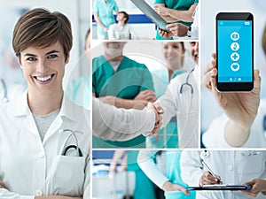 Doctors and medical app photo collage