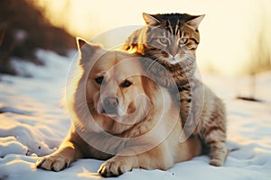 Smiling dog and content cat pose together, embodying friendships warmth