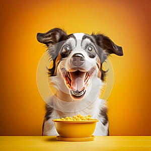 Smiling dog happy with food on a yellow background, generative AI