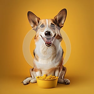 Smiling dog happy with food on a yellow background, generative AI