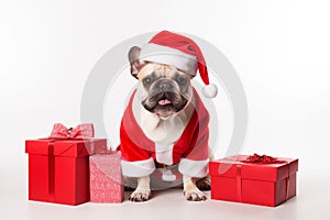 a smiling dog wearing santa claus suit holding gift box standing on isolate white backgroun