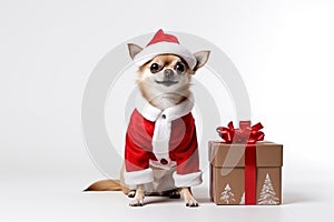 a smiling dog wearing santa claus suit holding gift box standing on isolate white background