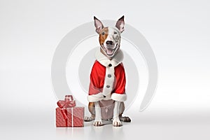 a smiling dog wearing santa claus suit holding gift box standing on isolate white background