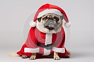 a smiling dog wearing santa claus suit holding gift box standing on isolate white background