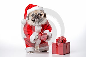 a smiling dog wearing santa claus suit holding gift box standing on isolate white background