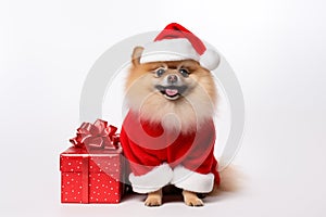 a smiling dog wearing santa claus suit holding gift box standing on isolate white background