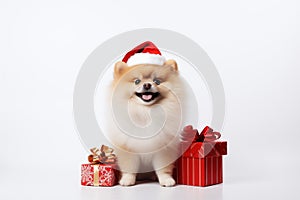 a smiling dog wearing santa claus suit holding gift box standing on isolate white background