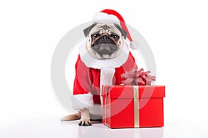 a smiling dog wearing santa claus suit holding gift box standing on isolate white background