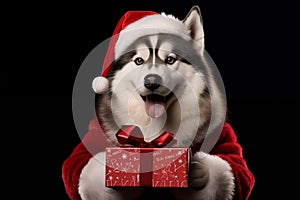 a smiling dog wearing santa claus suit holding gift box standing on isolate white background