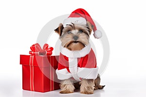 a smiling dog wearing santa claus suit holding gift box standing on isolate white background