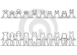 Smiling dogs and cats border set, front and back, line art