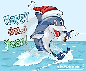 Smiling dolphin in Santa Claus cap rides on his tail as on water skis