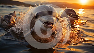 Smiling dolphin splashing in the sunset, playful and cheerful generated by AI