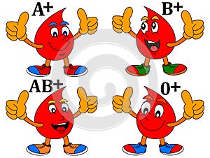 Smiling drop of blood with thumbs-up by blood groups