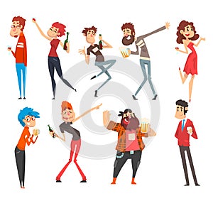 Smiling Drunk People Set, Boozy Men and Women Walking Tipsy with Alcohol Drink Bottles and Glasses in Their Hands Vector photo