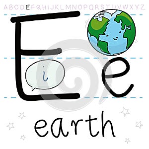 Smiling Earth Planet Learning the Letter E of Alphabet, Vector Illustration